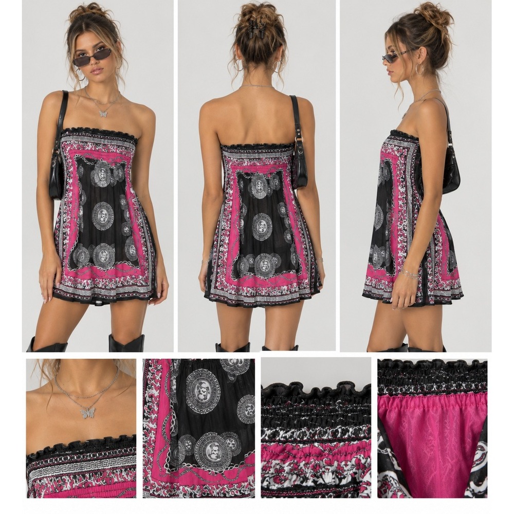 Cleo Y2K Strapless Smocked Baroque Chain Coin Print Mini Dress Pink Black XL